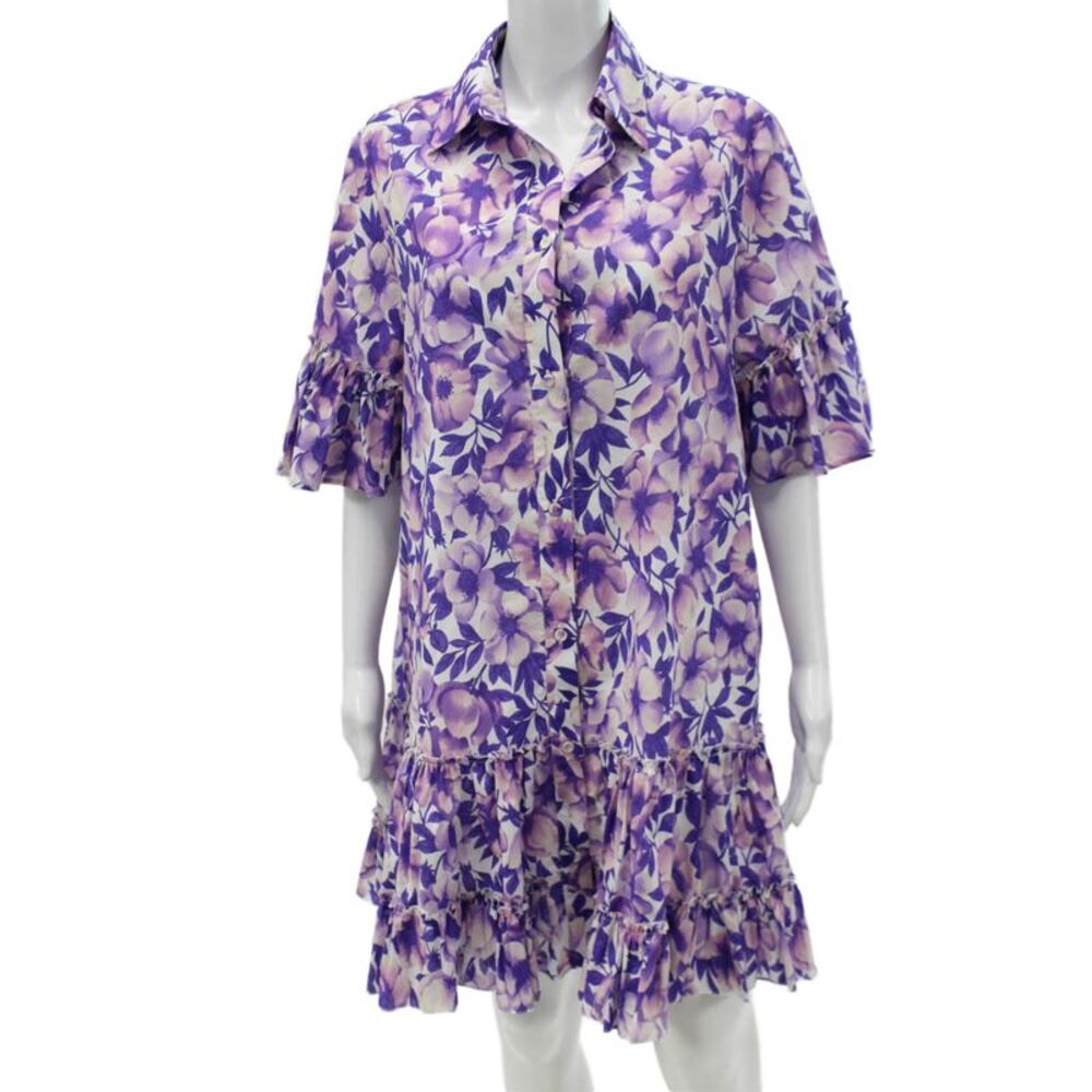 Paola Zuin Women Shirt Dress Purple Floral Collared Half Sleeve Cotton Size 40